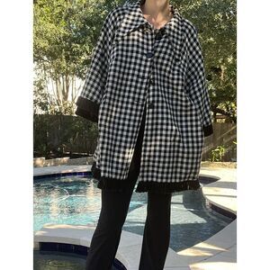 VTG Gingham B&W Ample Togs Coat Size L Barrymore Daggar Collar Jacket Fringe‎